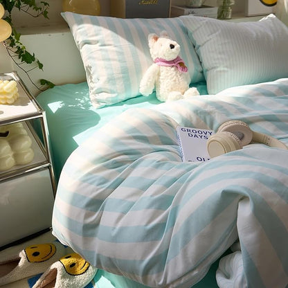Sky Blue Striped Queen Duvet Cover Soft Boho Comforters Queen Size Cover Stripes Chic Aesthetic Farmhouse Duvet Cover Set with Zipper College Dorm Bedding Washed Microfiber Duvet Protector