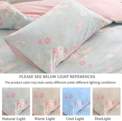 Zusbest 100% Cotton Blue Floral Pillowcases Standard Size Set of 2, 19''×29'', Queen Size Pink Rose Flower Printed Reversible Pillow Covers Soft Envelope Queen Pillowcase Protectors