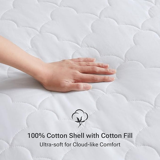 Sleep Philosophy Twin Mattress Pad, Cotton Mattress Protector Classic Cloud Quilted Bed Cover, All Natural Breathable Mattress Topper Fitted Pocket Fits Up to 18", Machine Washable, White