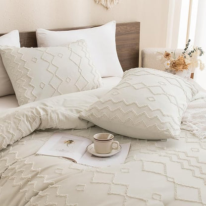 Andency Beige Tufted Comforter Set Full(79x90Inch), 3 Pieces(1 Boho Comforter, 2 Pillowcases) Textured Farmhouse Bed, Soft Microfiber Down Alternative Geometric Bedding Set