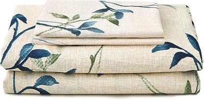 JSD Beige Leaves Print Sheet Set Cal King, 4 Piece Soft Botanical Microfiber Sheets Extra Deep Pocket Wrinkle Free