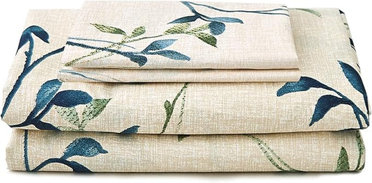 JSD Beige Leaves Print Sheet Set Full Size, 4 Piece Soft Botanical Microfiber Sheets Extra Deep Pocket Wrinkle Free