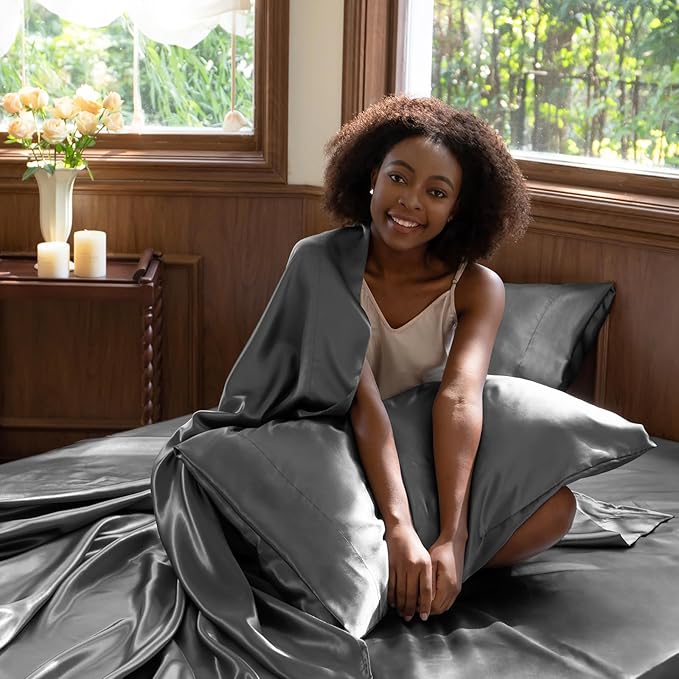 CozyLux Satin Sheets King Size Sheet Set - 6 Piece Silky King Sheets, Luxury Dark Grey King Bed Set with Smooth and Soft Microfiber, Includes 1 Fitted Sheet, 1 Flat Sheet and 4 Pillowcases