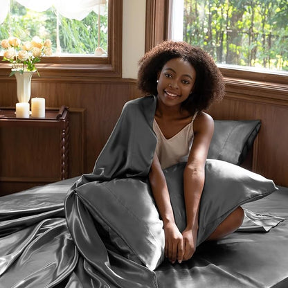CozyLux Satin Sheets Full Size Sheets - 4 Piece Silky Full Size Bed Sheets, Luxury Dark Grey Full Bed Set with Smooth and Soft Microfiber, Includes 1 Fitted Sheet, 1 Flat Sheet and 2 Pillowcases