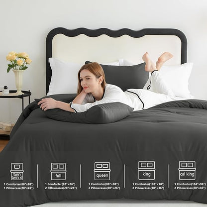 CozyLux Queen Comforter Set Dark Grey, 3 Pieces Solid Comforters Queen Size Breathable Quilted Bedding Sets, Dark Gray Luxury Soft Lightweight Bed Set with Down Alternative Comforter and 2 Pillowcases