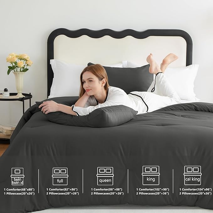 CozyLux Full Size Comforter Set Dark Grey, 3 Pieces Solid Breathable Quilted Bedding Sets, Dark Gray Luxury Lightweight Soft Bed Set with Down Alternative Comforter and 2 Pillowcases for All Seasons