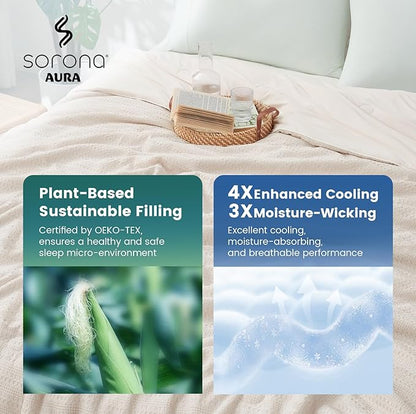 Amélie Home Waffle Cooling Comforter Queen Size, Q-Max 0.45 Reversible Lightweight Cooling Blanket for Hot Sleepers, Breathable Bedding for Night Sweats, 90"x90", Beige