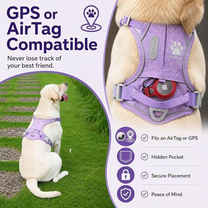 No Pull Dog Harness with Built-in Hidden AirTag & GPS Tracker Holder, Reflective Adjustable Escape-Proof Vest Harness for Small & Medium Dogs (Purple, L)