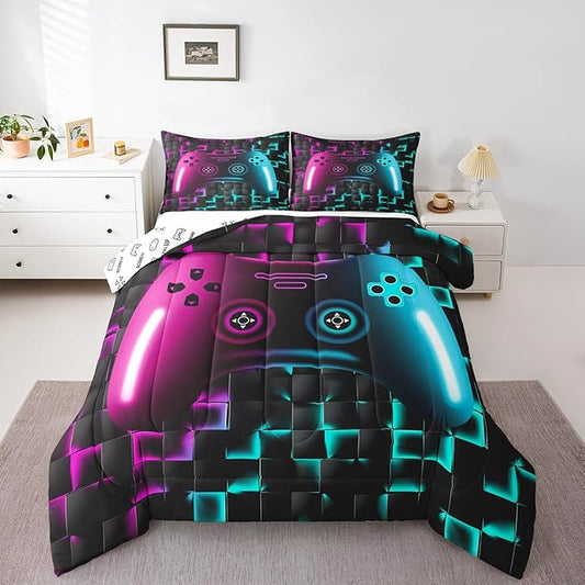 Erosebridal Gamer Bedding Sets for Boys,Queen Size Comforter Sets for Boys Girls Kids 3D Gaming Geometric Comforter,Game Console Lightweight Microfiber Duvet Quilt,Neon Purple Teal Black Glowing