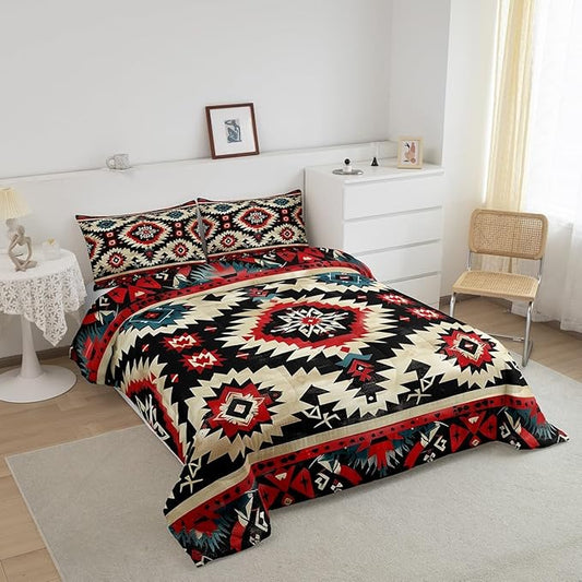 Feelyou Boho Comforter Set Queen Size Southwest Native American Design Comforter Southwestern Geometric Bedding Set Western Decor Duvet Set Black Beige Quilt Set