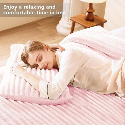 CozyLux Fluffy King Size Comforter Set - Super Soft Faux Fur Pink Comforter King Size, Winter Warm Fleece Bedding Set, 3 Pieces Plush Fuzzy Bed Set (1 Shaggy Comforter, 2 Pillowcases)