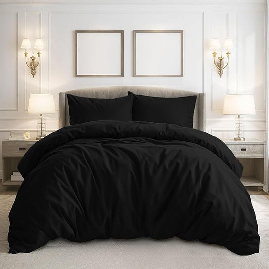 Pure Bedding Duvet Cover Queen Size - 3 Pieces Extra Soft Bedding Set, Includes 1 Duvet Cover 90x90 Inches with Zipper Closure & 2 Pillow Shams, Comforter Not Included, Black