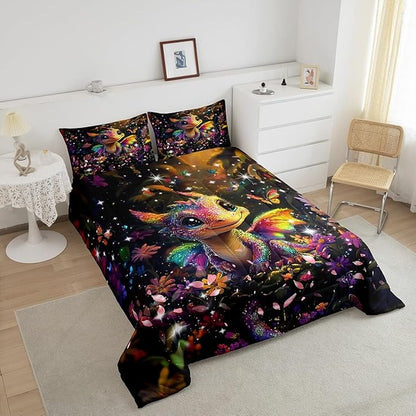 Feelyou Dragon Comforter Set Twin Size Dragon Stuff Comforter for Boys Girls Teens Shiny Flower Bedding Set Dragon Decor Duvet Set Room Decor Carbon Black Quilt Set