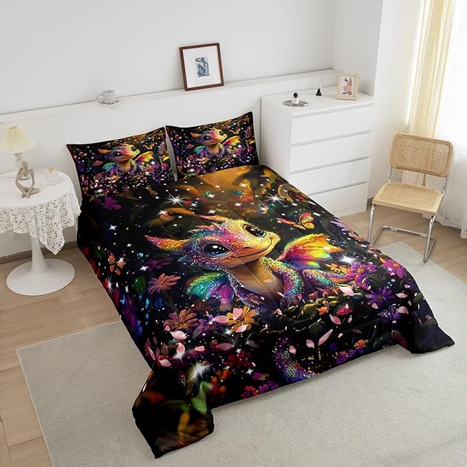 Feelyou Dragon Comforter Set King Size Dragon Stuff Comforter for Boys Girls Teens Shiny Flower Bedding Set Dragon Decor Duvet Set Room Decor Carbon Black Quilt Set