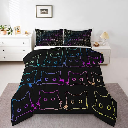 Erosebridal Cute Cats Bedding Set Queen Kawaii Cat Pet Comforter Colorful Neon Ombre Animal Line Down Lovely Lovers Room Decor Lightweight Duvet For Teens Children Boy Girl,Multi 362