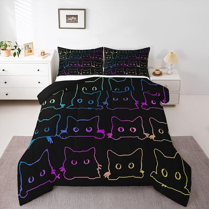 Cute Cats Bedding Set King Kawaii Cat Pet Comforter Set Colorful Neon Ombre Kawaii Animal Line Down Comforter Lovely Cat Lovers Room Decor Lightweight Duvet Set For Teens Children Boy Girl