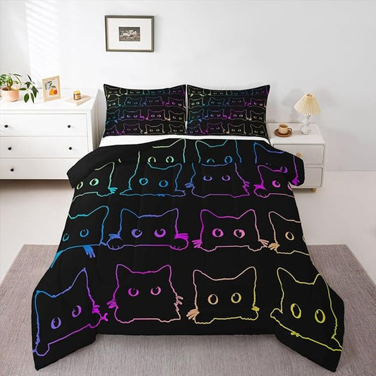 Cute Cats Bedding Set King Kawaii Cat Pet Comforter Set Colorful Neon Ombre Kawaii Animal Line Down Comforter Lovely Cat Lovers Room Decor Lightweight Duvet Set For Teens Children Boy Girl