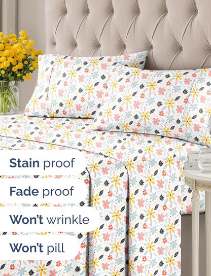 Floral Sheets - Flower Print Bed Sheet Set - 1 Flat, 1 Fitted & 2 Pillowcases w/ Deep Pockets - Comfy, Cozy, Wrinkle & Fade Free - Boho Botanical Bedding - Soft, Breathable & Cooling - Queen Size Set