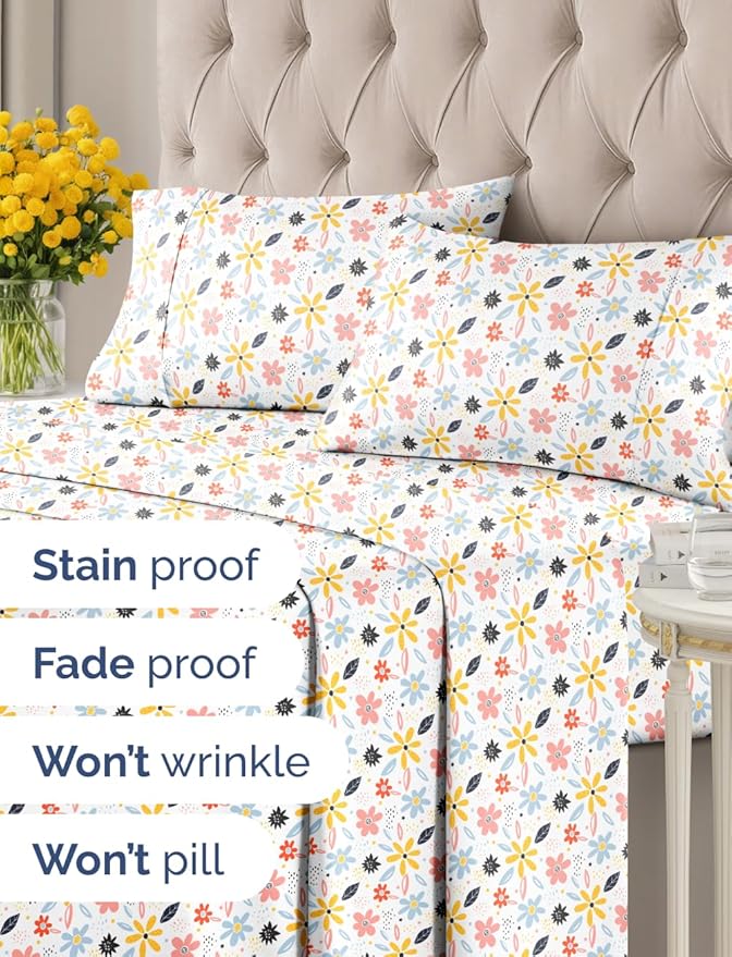 Floral Sheets - Flower Print Bed Sheet Set - 1 Flat, 1 Fitted & 2 Pillowcases w/ Deep Pockets - Comfy, Cozy, Wrinkle & Fade Free - Boho Botanical Bedding - Soft, Breathable & Cooling - Full Size Set