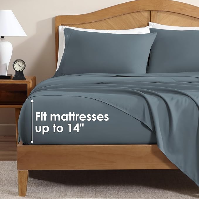 ClevaHome Sheet Set King Size, 4-Piece Bedding, Lightweight & Super Soft Easy Care Microfiber– Shrinkage & Fade Resistant Bedding Set with 14'' Deep Pockets (Slate Blue)