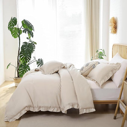JANZAA Comforter Set Full Size Beige Ruffle Comforter 3PCS Soft Fluffy Comforter Vintage Farmhouse Bed Comforter Set Shabby Chic Bedding with 2 Off White Pillowcases