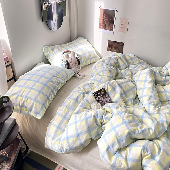 EAVD Buffalo Plaid Duvet Cover Queen Soft Washed Cotton Bedding Set Yellow Blue Grid Checkered Bedding Set with 2 Pillowcases Vintage Style Gingham Duvet Cover with Zipper Closure