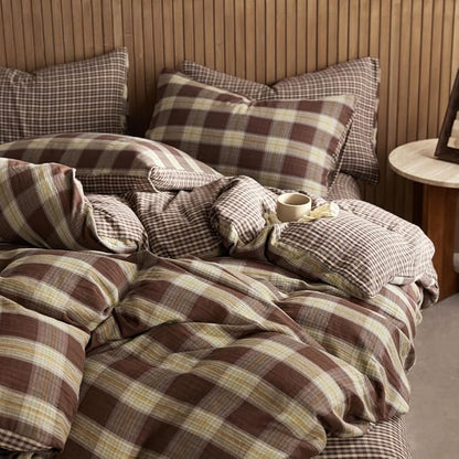 EAVD Vintage Coffee Gingham Comforter Set Twin XL Soft 100% Muslin Cotton Chic Shabby Yellow Green Grid Checkered Pattern Bedding Set with 2 Pillowcases Reversible Farmhouse Plaid Comforter Set