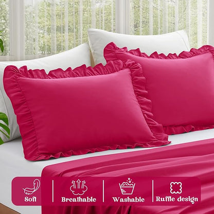 KKJIAF Ruffle Pillow Cases Standard Size Set of 2, Ruffled Pillow Covers with Envelope Closure, Wrinkle Resistant Ruffled Pillow Shams 20" x 26", Hot Pink