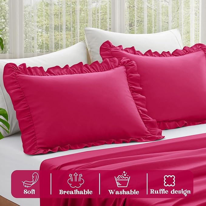 KKJIAF Ruffle Pillow Cases Queen Size Set of 2, Ruffled Pillow Covers with Envelope Closure, Wrinkle Resistant Ruffled Pillow Shams 20" x 30", Hot Pink