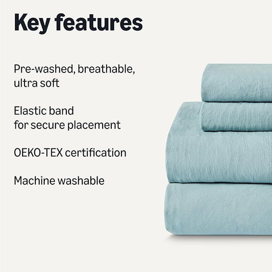 Amazon Basics King Bed Sheet, 4-Piece Bedding Set, Double Brushed Microfiber, Ultra Soft, Easy Care, Blue
