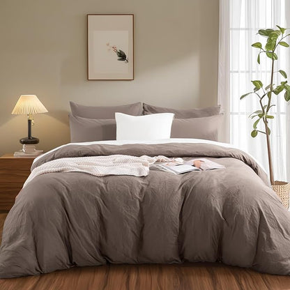 NEXHOME PRO 100% Washed Cotton Duvet Cover Queen Size, Ogranic Natural Linen Feel Breathable Bedding Set with Zipper Closure, 3 Pieces Duvet Cover Set Chocolate (No Comfortert) 9090