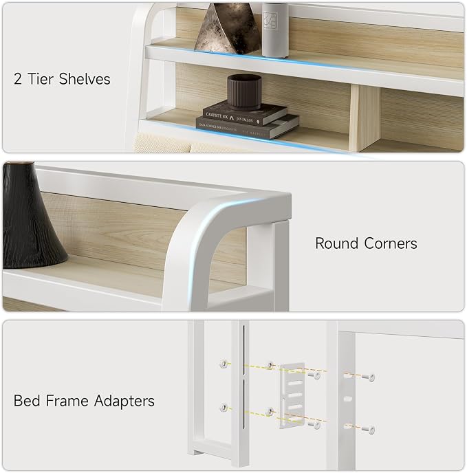 King Headboard Only with Storage, Upholstered Headboards for King Size Bed with LED Light, Charging Station, Height Adjustable, Sturdy and Stable Headboard, Off White