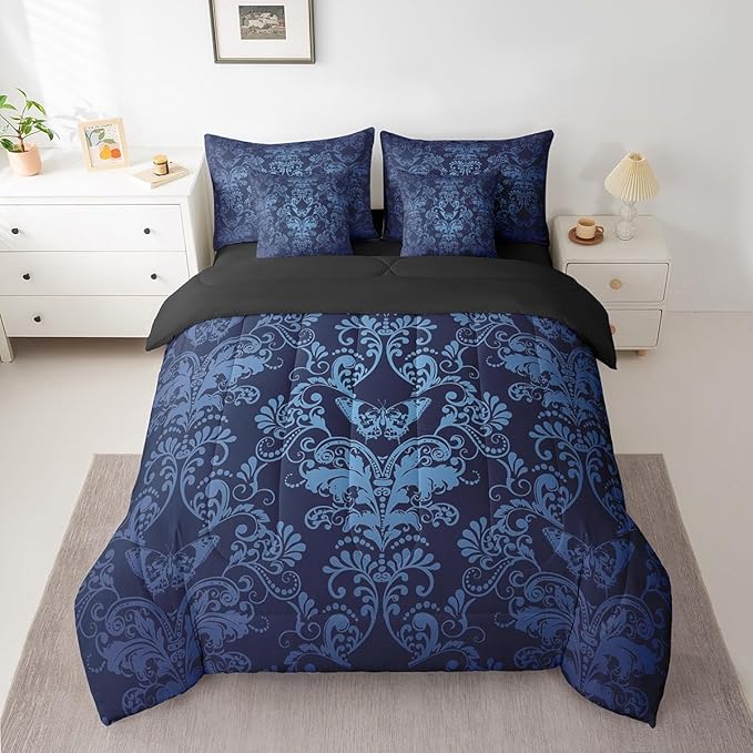 Erosebridal Gothic Damask Bed in a Bag King Size Comforter Set 7 Pieces,Butterfly Skull Bedding Sets Blue Victorian Floral Goth Sheet Set with Comforter