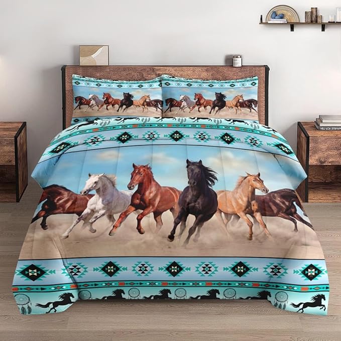 Full Size Comforter Set with 2 Pillowcases, Horses Desert Animal 3 Pcs Bedding for Kids and Adults, Tribal Farm Sunset Run Soft Comforter Set for Bedroom Bed Decor
