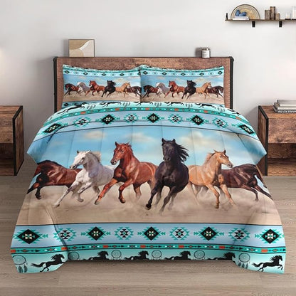 Full Size Comforter Set with 2 Pillowcases, Horses Desert Animal 3 Pcs Bedding for Kids and Adults, Tribal Farm Sunset Run Soft Comforter Set for Bedroom Bed Decor