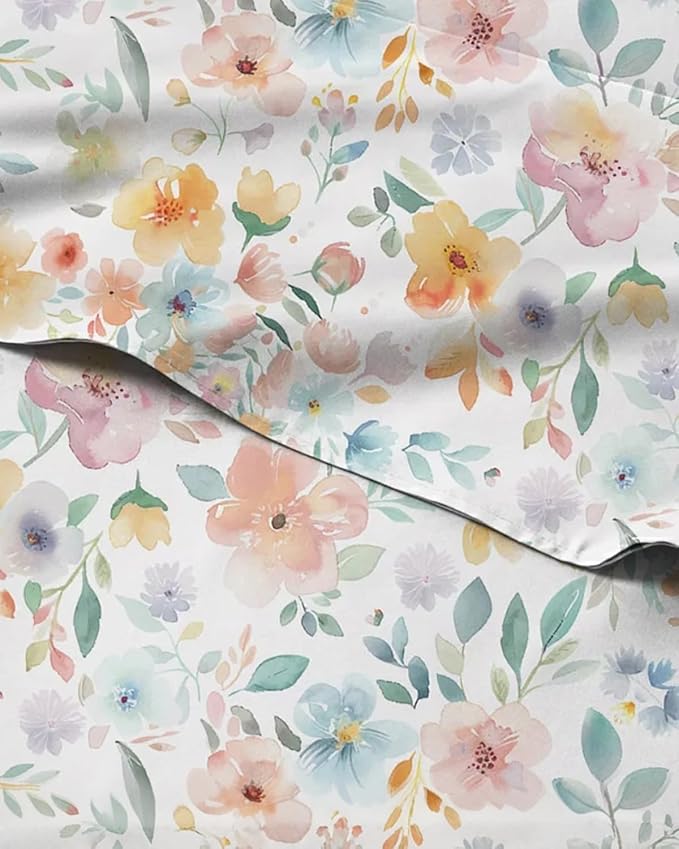 Floral Sheets - Flower Print Bed Sheet Set - 1 Flat, 1 Fitted & 1 Pillowcase w/ Deep Pockets - Comfy, Cozy, Wrinkle & Fade Free - Boho Botanical Bedding - Soft, Breathable & Cooling - Twin Size Set