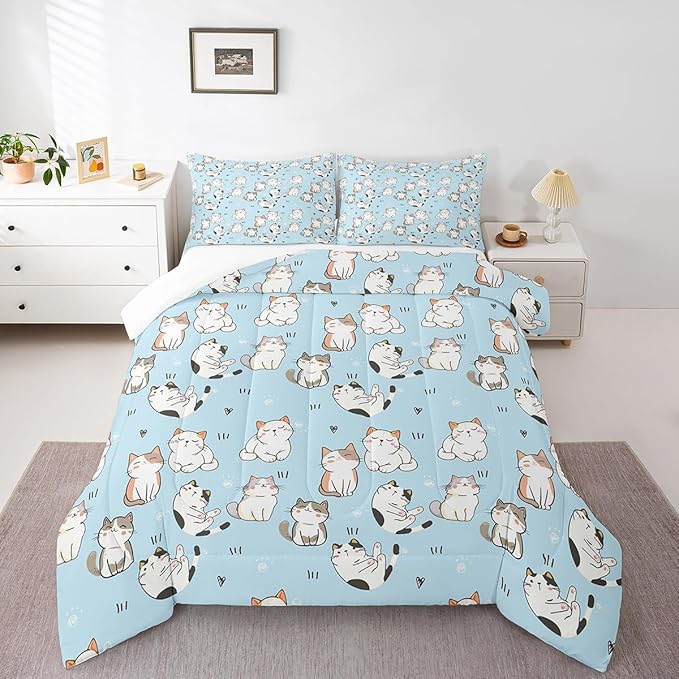Erosebridal Cat Duvet Insert King, Kawaii Garfield Cat Bedding Set for Kids Boys Girls, Paw Print Love Heart Comforter Set, Cartoon Animals Soft Quilt 3 Pieces, Blue
