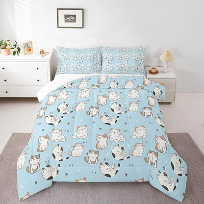 Erosebridal Cat Duvet Insert Queen, Kawaii Garfield Cat Bedding Set for Kids Boys Girls, Paw Print Love Heart Comforter Set, Cartoon Animals Soft Quilt 3 Pieces, Blue