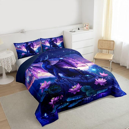 Feelyou Dragon Kids Comforter Set Queen Size Dragon Stuff Bedding Set Wild Life Duvet Quilt for Kids Boys Girls Bedroom Magic Wildlife Decor Purplish Microfiber Ultra Soft Breathable