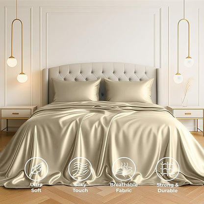 Satin Sheets Twin [3-Piece, Champagne Gold] Hotel Luxury Silky Bed Sheets - Extra Soft 1800 Microfiber Sheet Set, Wrinkle, Fade, Stain Resistant - Deep Pocket Fitted Sheet, Flat Sheet, Pillow Cases