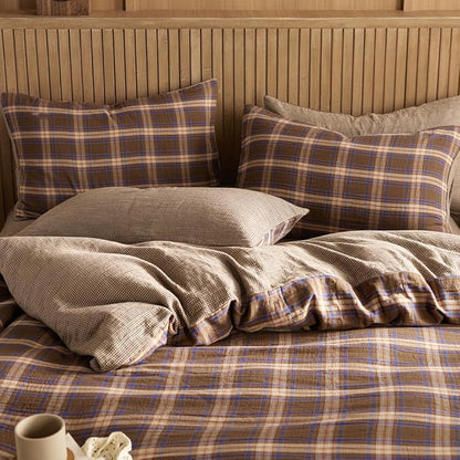 EAVD Vintage Gingham Comforter Set Twin XL Brown Blue Red Grid Checked Bedding Set Soft 100% Muslin Cotton Retro Brown Plaid Comforter Set with 2 Pillowcases Farmhouse Plaid Bedding Set for All-Season