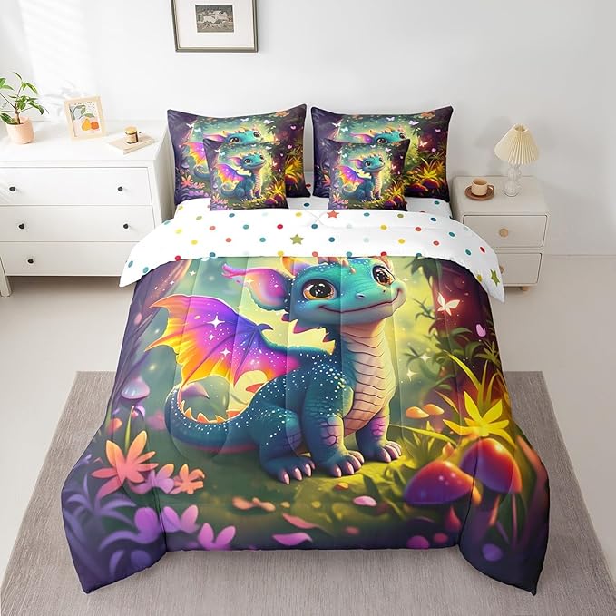 7 Pieces Full Size Kawaii Dragon Comforter Set,Fantasy Fairy Tale Jungle Bedding Set for Kids Room Decor,Cartoon Magical Wildlife (Comforter+Fitted+Flat Sheet+2 Pillowcases+2 Throw Pillow Covers