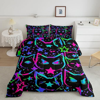 Erosebridal Halloween Cat Bedding, Black Cat Comforter Set for Kids Girls Boys Teens, Ombre Glowing Neon Stars Down Comforter, Kawaii Cartoon Kitten Duvet Insert, Gradient Galaxy Quilt, Full