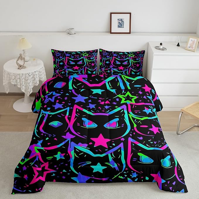 Erosebridal Cartoon Cat Bedding, Black Cat Comforter Set for Kids Girls Boys Teens, Ombre Glowing Neon Stars Down Comforter, Kawaii Kitten Duvet Insert, Gradient Galaxy Quilt, King