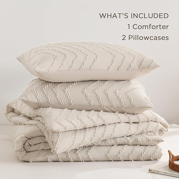 Andency Oversized Queen Comforter Set, Beige Boho Cream Soft Warm Neutral Bedding Comforter Sets, 3 Pieces Aesthetic Chevron Farmhouse Cute Bohemian Textured Bed Set