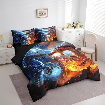 Feelyou Medieval Dragon Comforter Set 7 Pieces Full Size Lightning Fire Pattern Bedding Set for Boys Girls Ancient Wildlife Bed in a Bag with Comforter, Sheets, Pillowcases & Cushion Covers