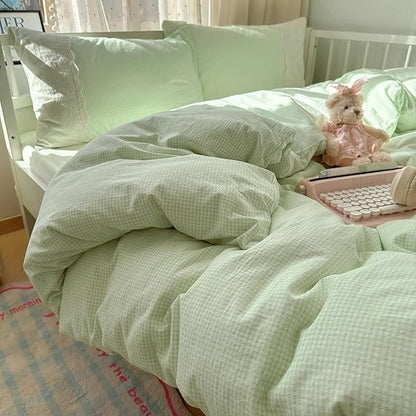 VM VOUGEMARKET Green White Checked Comforter Set Full 3 Pieces Lace Bedding Set Simple Cozy Mini Plaid Gingham Comforter Quilt with 2 Lace Pillowcases for Girls Women