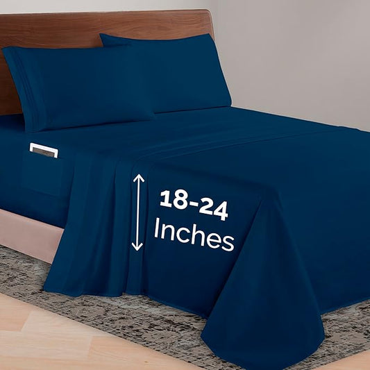 Elegant Comfort Luxurious 1500 Premium Hotel Quality Microfiber 4-Piece Sheet Set, 18-24 Inches Deep - Extra Deep Pocket Sheets - Ultra Soft 4PC Deep Pocket Sheets, Twin/Twin XL, Navy Blue
