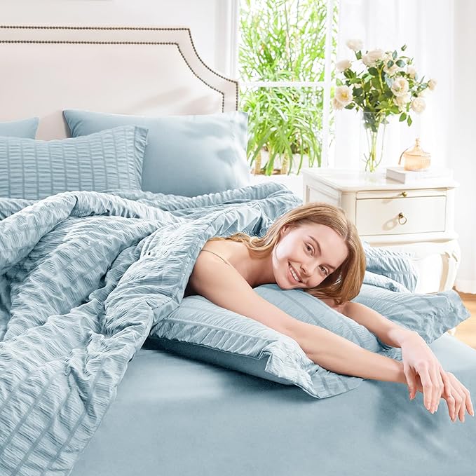 CozyLux Full Size Comforter Sets with Sheets 7 Pieces, Light Blue Seersucker Bed in a Bag Textured Luxury Soft Bedding Set with Down Alternative Comforter, Sheets, Pillowcases & Shams for All Seasons