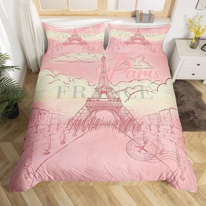 Castle Fairy Eiffel Tower Bedding Set Retro Paris Style Duvet Cover Set Vintage Cityscape Comforter Cover Girls Women Landmark Bedspread Cover Bedroom Quilt Cover Queen with 2 Pillowcase,No Comforter